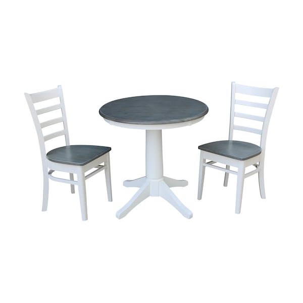 International Concepts Round 30 in Rd Top Ped Table, 2 emily Chairs, White/Heather Gray, 30 W, 30 L, 29.9 in H, Wood K05-30RT-27B-C617P - main